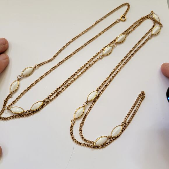 Vintage Gold Chain Necklace with White Lucite Marquise Links Layered 1970s Style - Picture 3 of 10